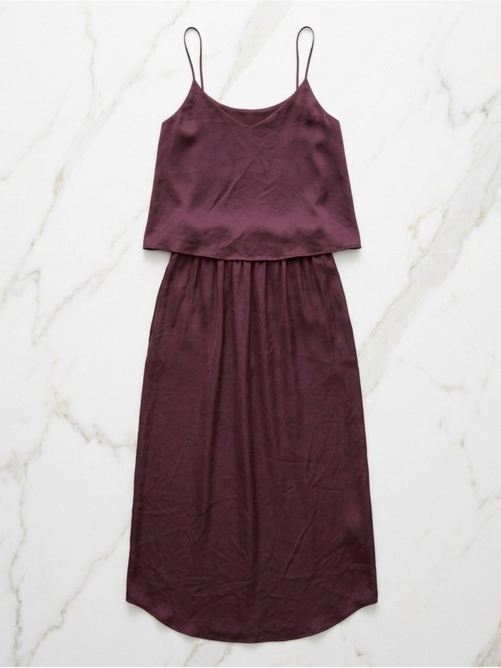 H&M Burgundy Satin Ruffled V-Neck Midi Dress Size 8 Eggplant Wedding Guest